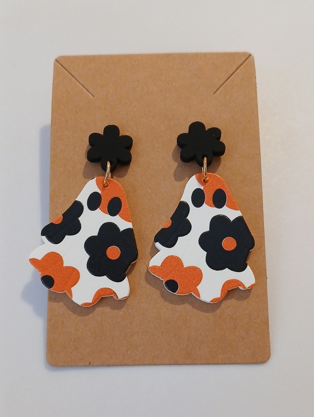 Fashion Jewelry Black, White & Orange Floral Drop Earrings